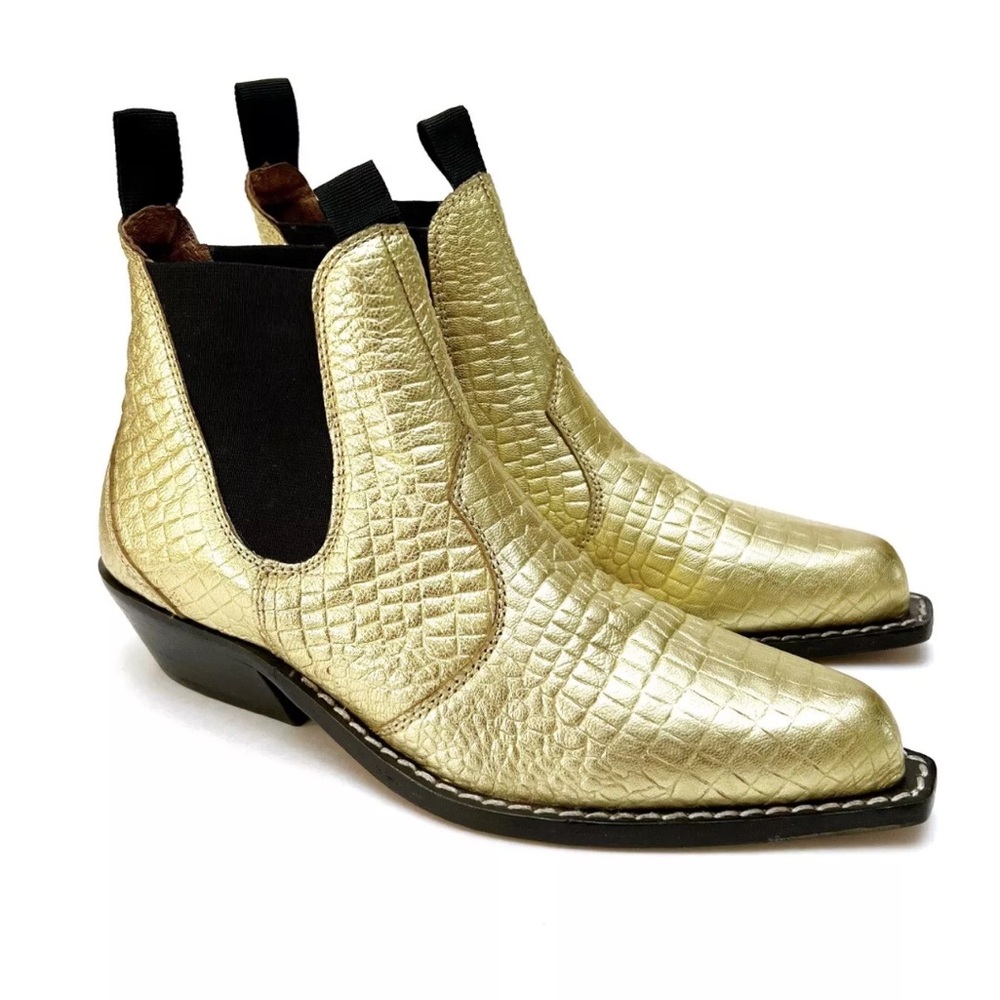 Free People Beau Gold Croc Embossed Leather Western Chelsea Ankle Boots
